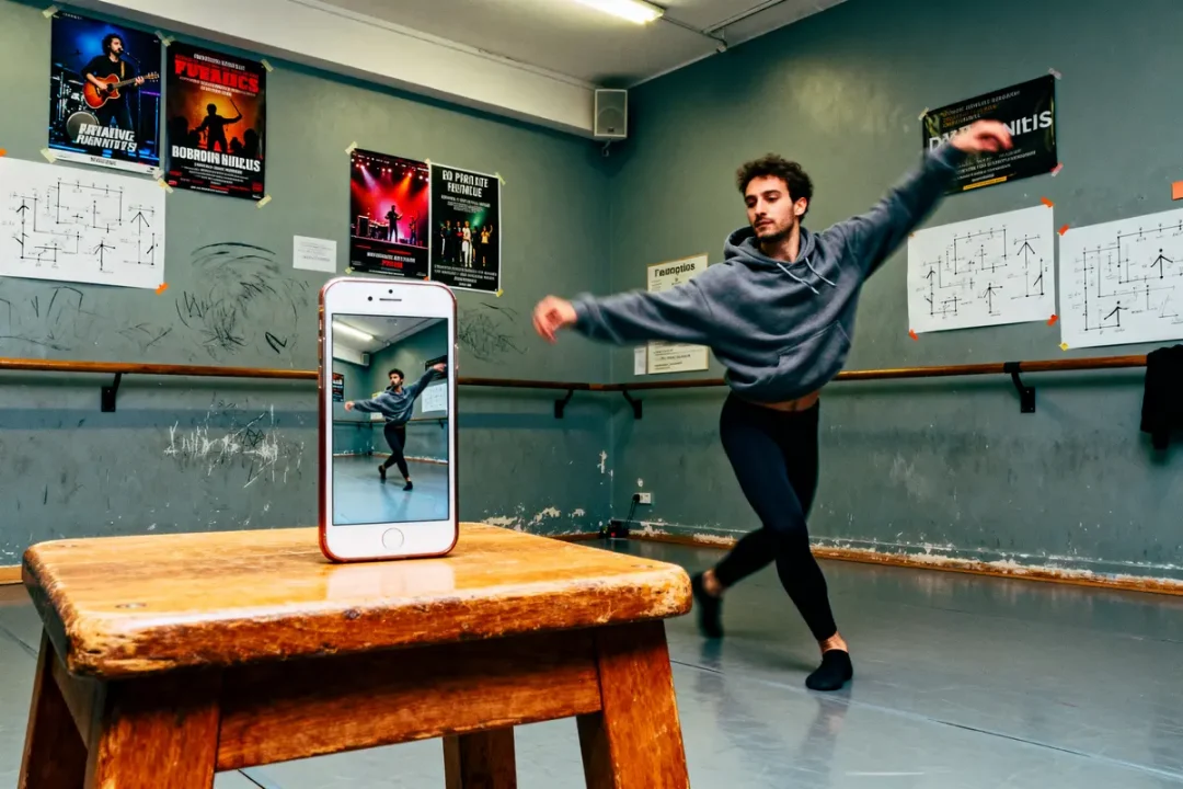 Danseur capturé en mouvement dans un studio de danse via un téléphone pour biographie.