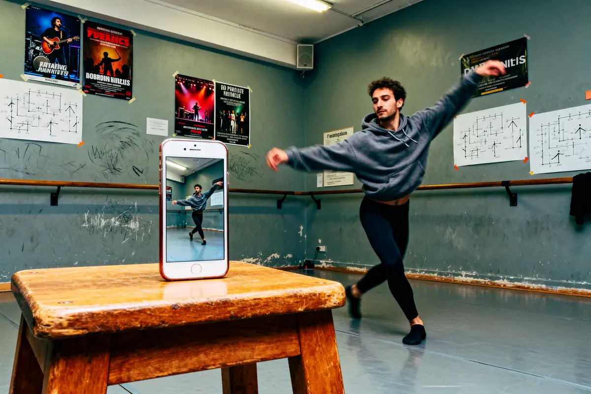 Danseur capturé en mouvement dans un studio de danse via un téléphone pour biographie.