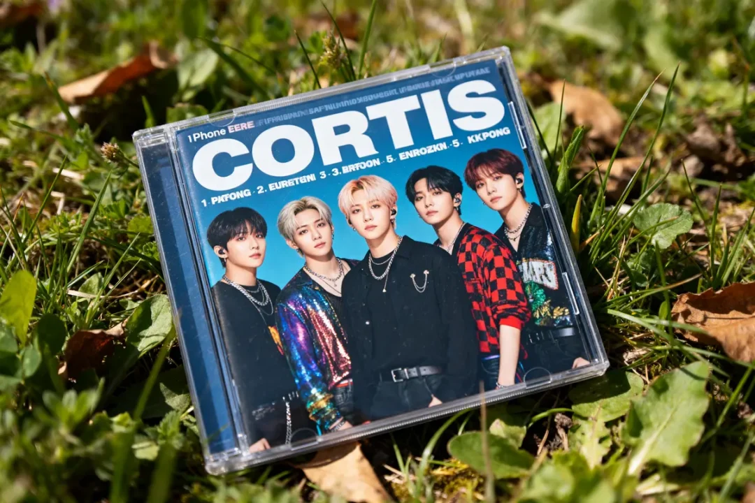 Jaquette d'album du groupe Cortis sur l'herbe avec visages des membres visibles