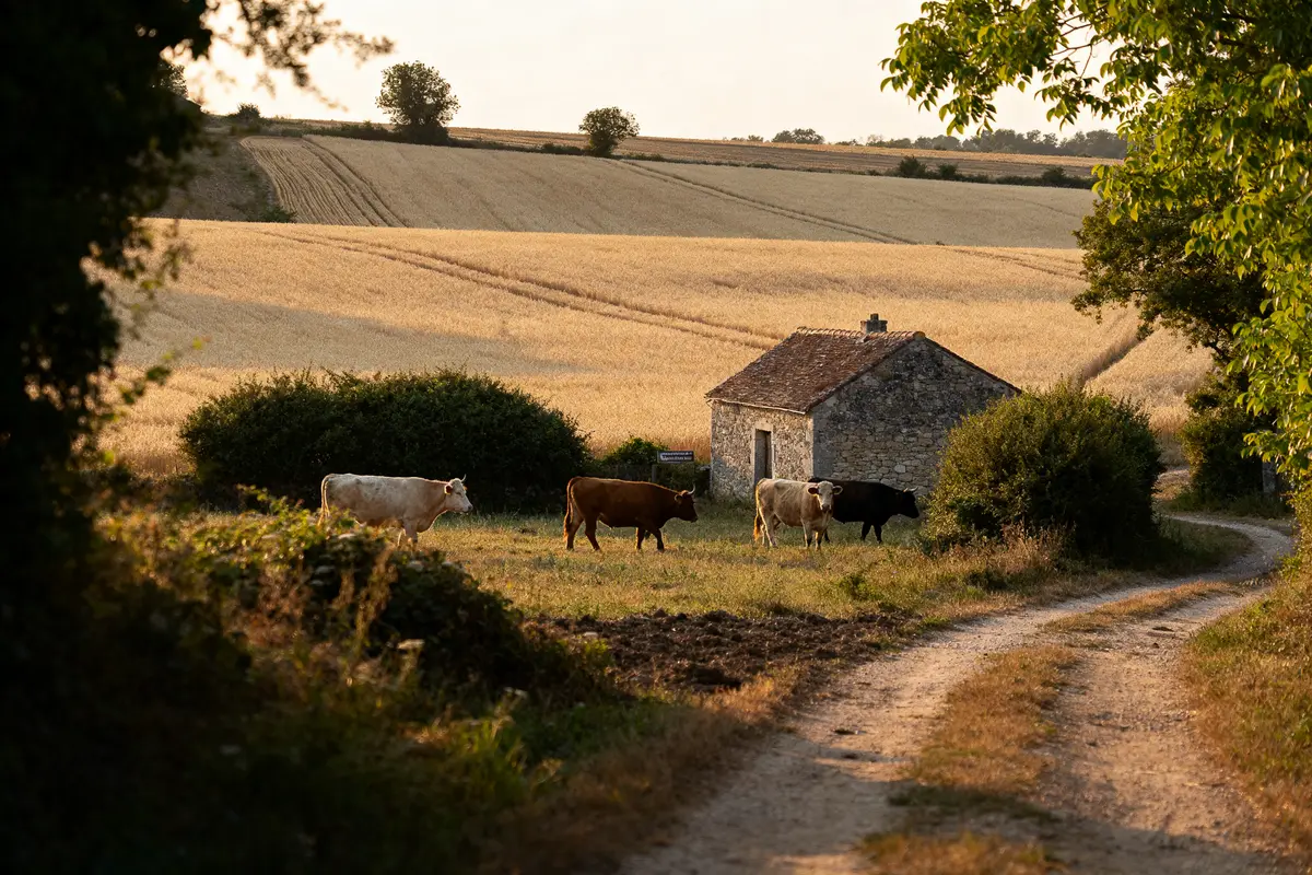 Vaches près d'une petite maison en pierre dans un champ près de Derault