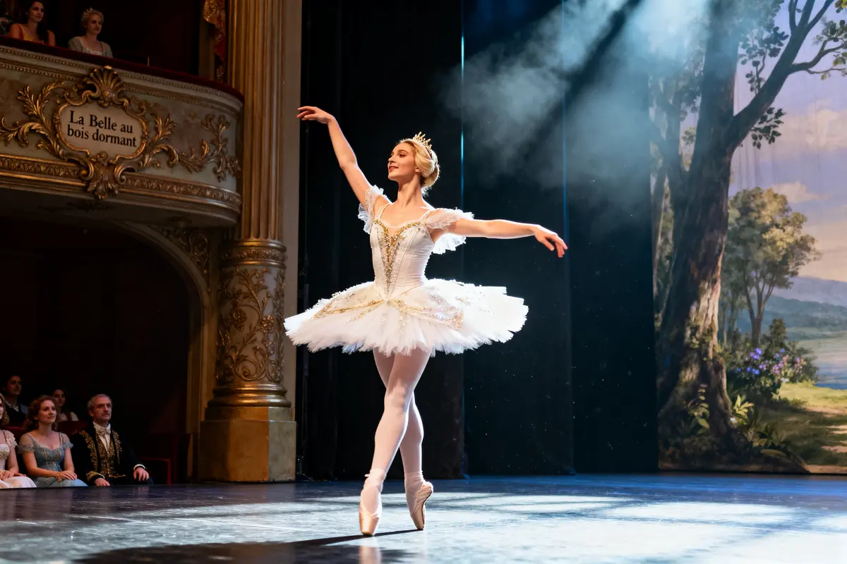 Danseuse en tutu exécutant un pas de ballet dans "La Belle au bois dormant" sur scène
