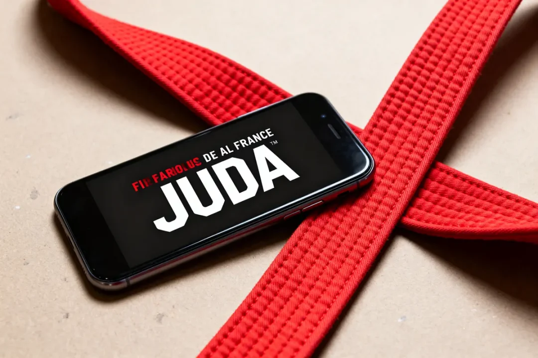 Smartphone affichant "JUDA" posé sur une ceinture rouge de judo en tissu
