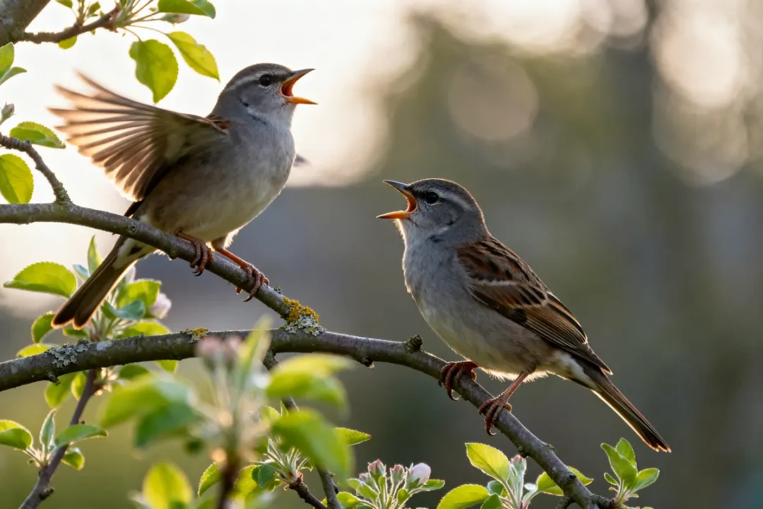Deux moineaux chantent sur une branche pour illustrer le chant des oiseaux du jardin