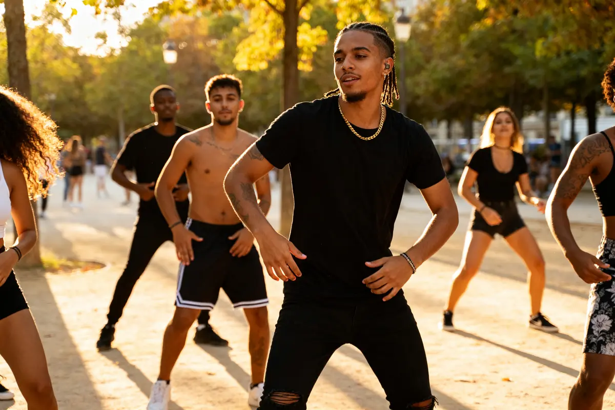Groupe dansant le reggaeton en plein air sous un ciel ensoleillé