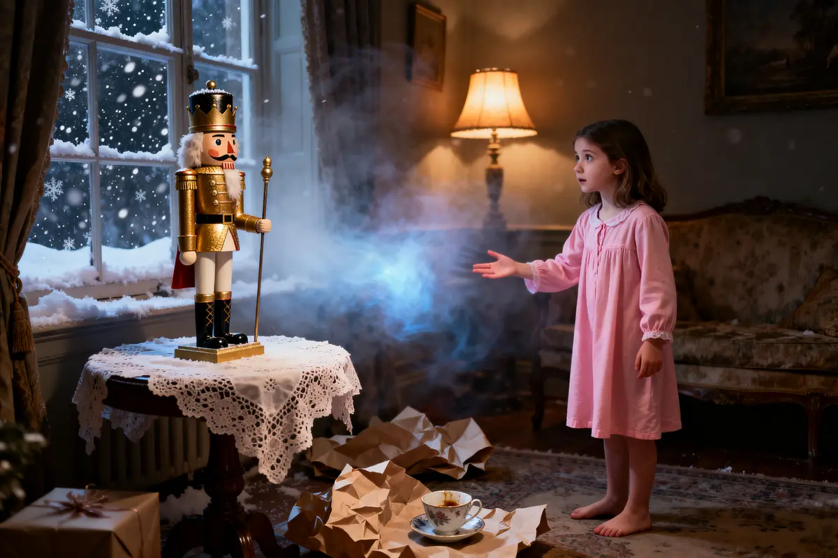 Enfant observant un soldat de bois magique illustrant l'histoire du Casse-Noisette.