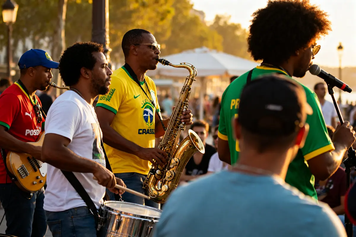 Musiciens de rue interprétant la musique brésilienne avec saxophone, percussion et guitare en plein air