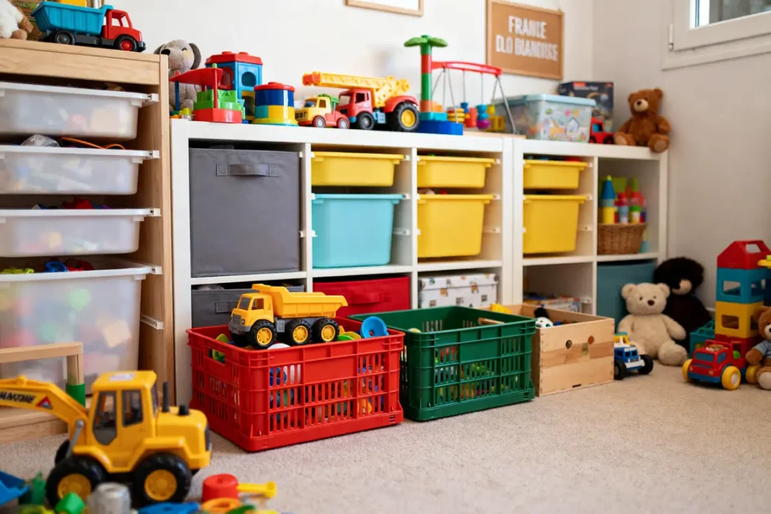 Salle de jeux organisée avec étagères pour ranger les jouets et bacs colorés pour stockage