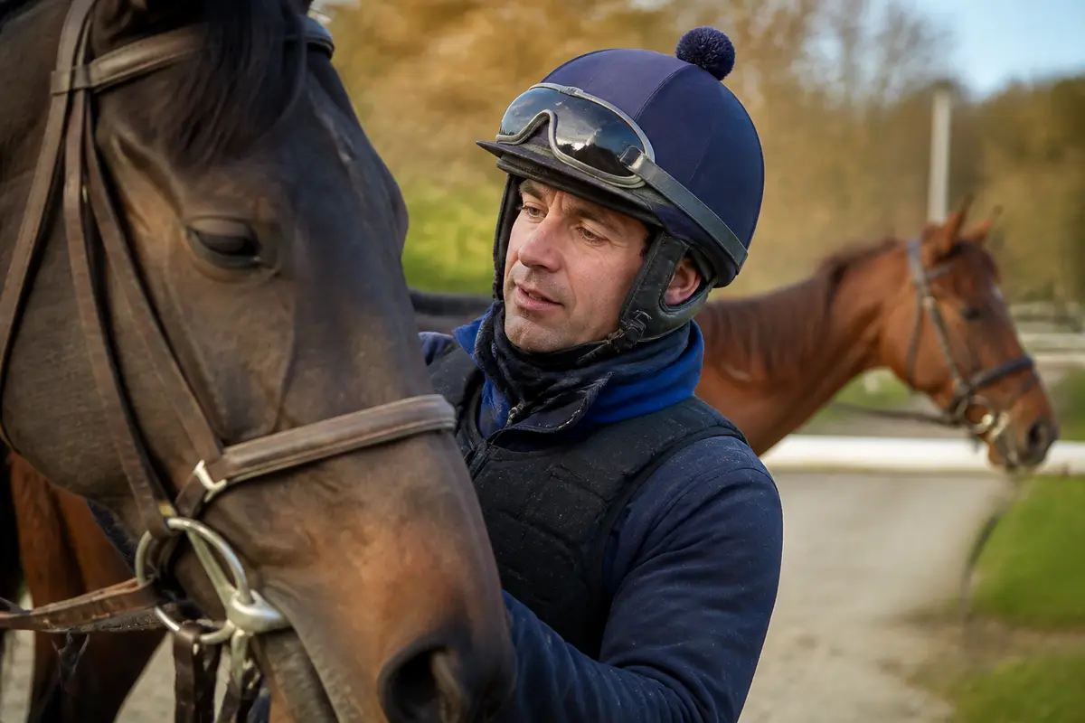 Cavalier avec casque caresse un cheval, Antonin André sur le parcours équestre.