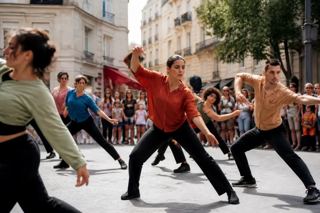 Danseurs exécutant une chorégraphie inspirée du modern jazz dans une rue animée.